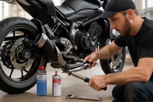 Mecânico ajustando a tensão da corrente de uma moto em oficina