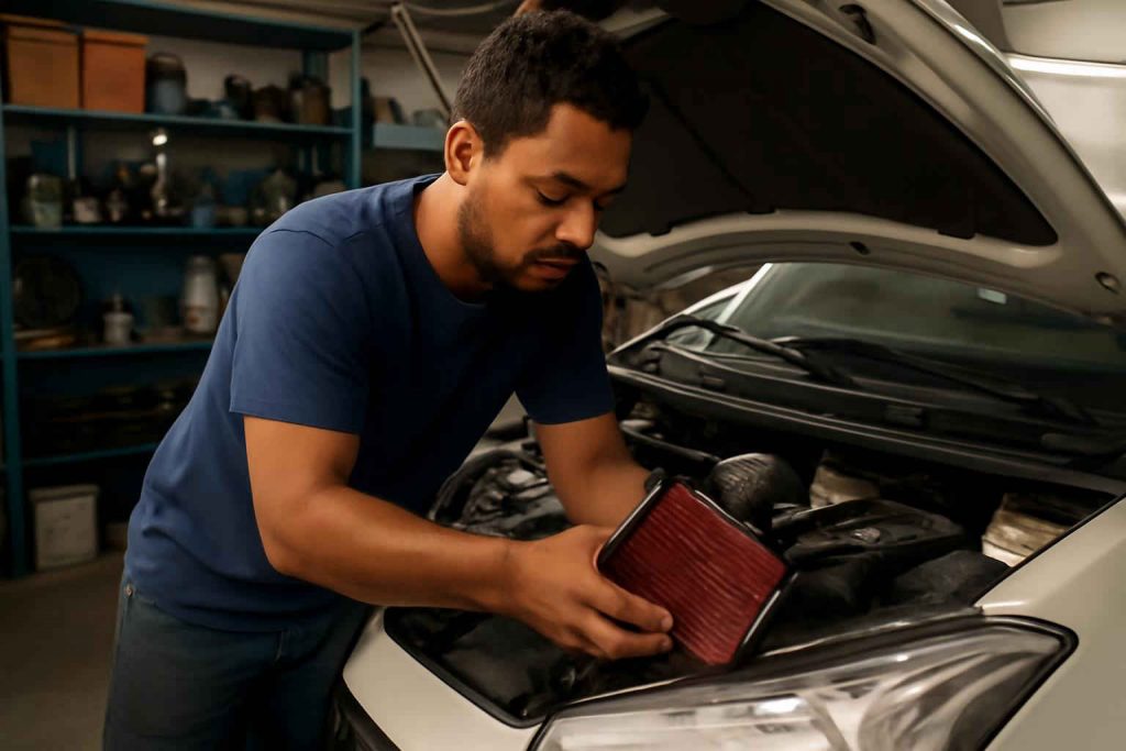 Mecânico instalando filtro de ar esportivo em motor de carro popular