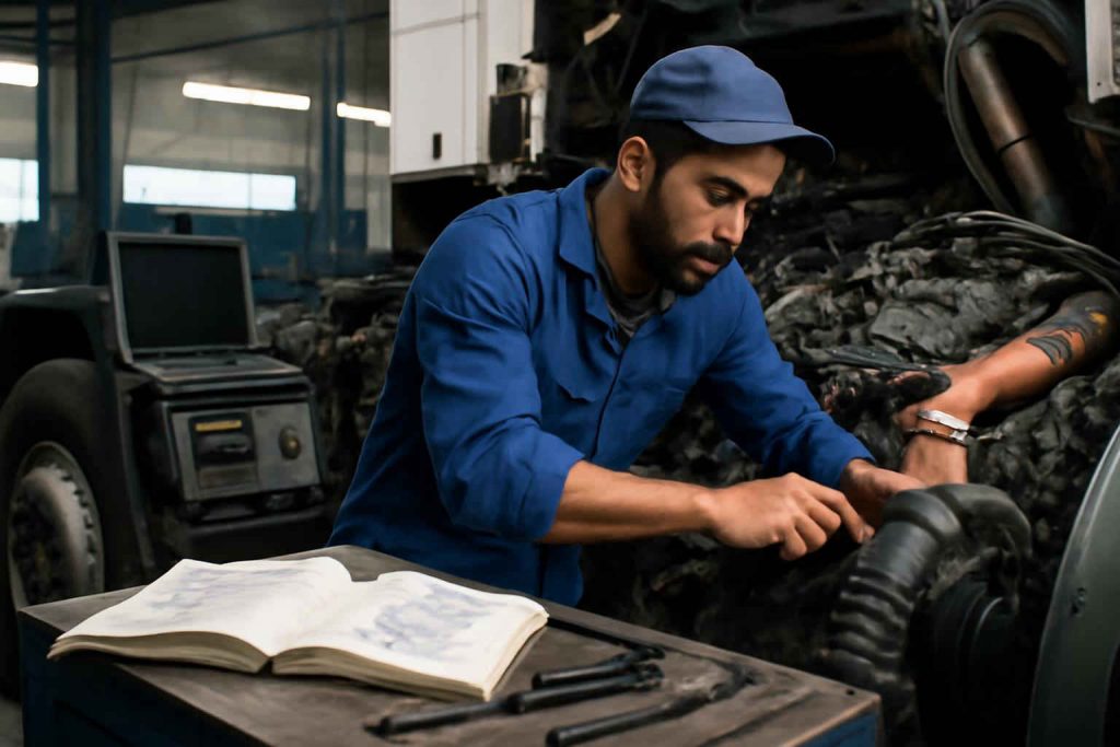 Mecânico brasileiro trabalhando em motor diesel de caminhão em oficina moderna