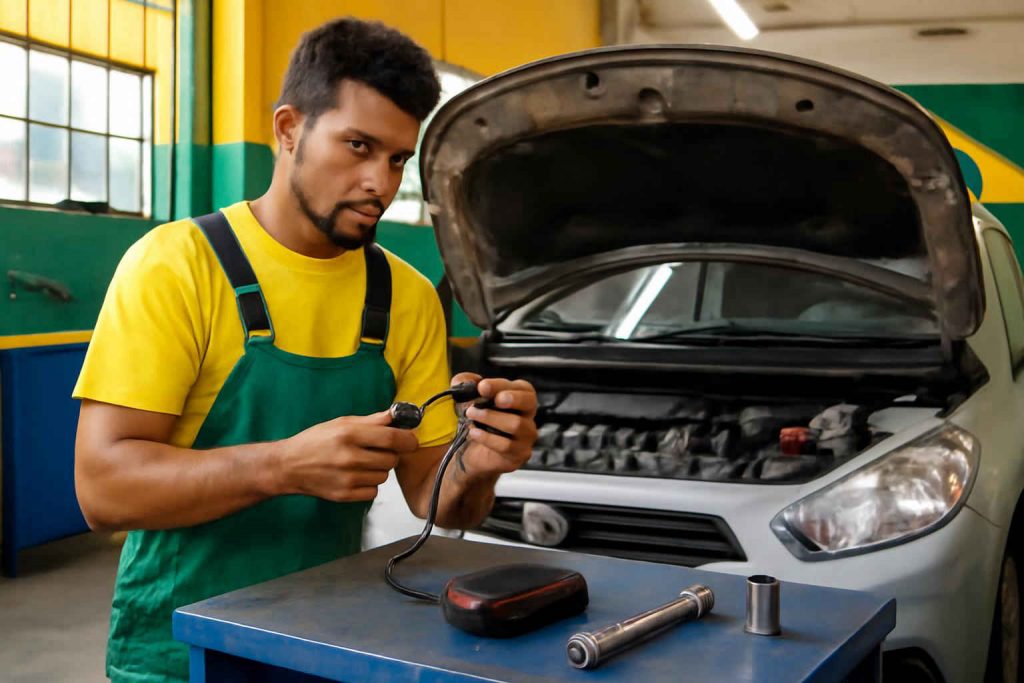 Mecânico testando sonda lambda sob o capô de um carro popular