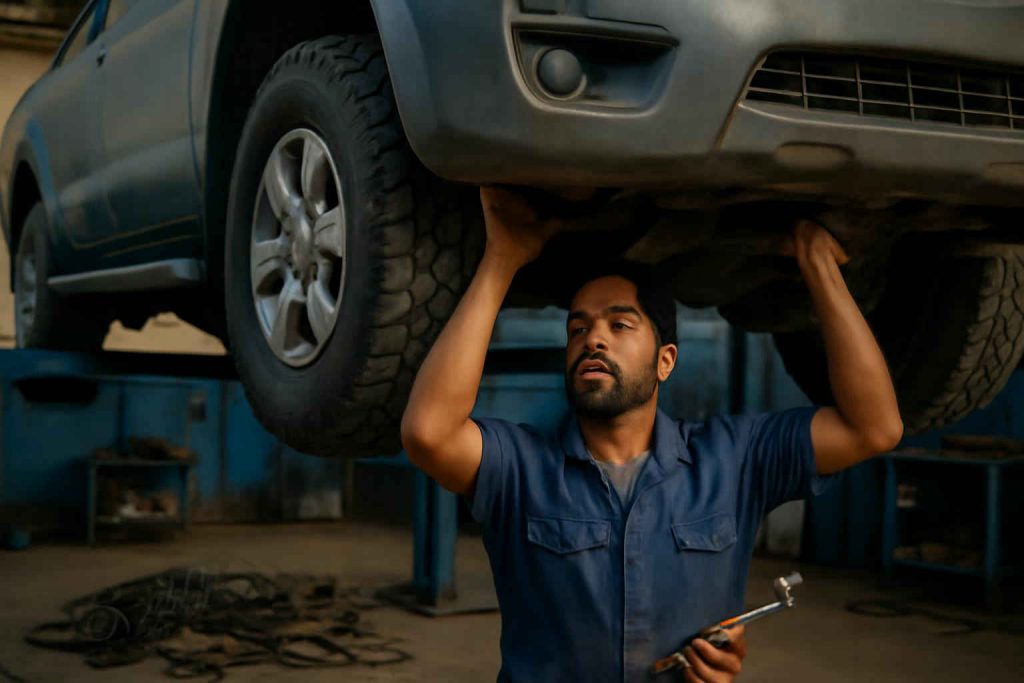 Mecânico brasileiro instalando kit de elevação em pick-up 4x4 em oficina