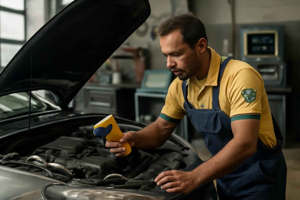 Mecânico utilizando termômetro infravermelho em motor de carro em oficina