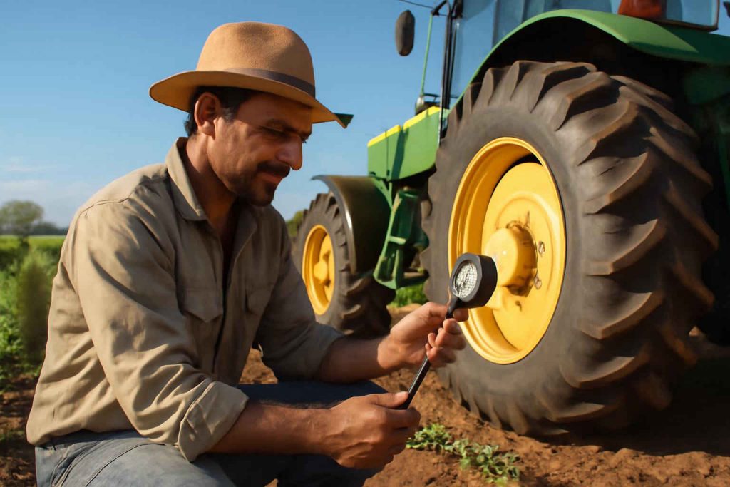 Homem calibrando a pressão do pneu de um trator em um campo agrícola