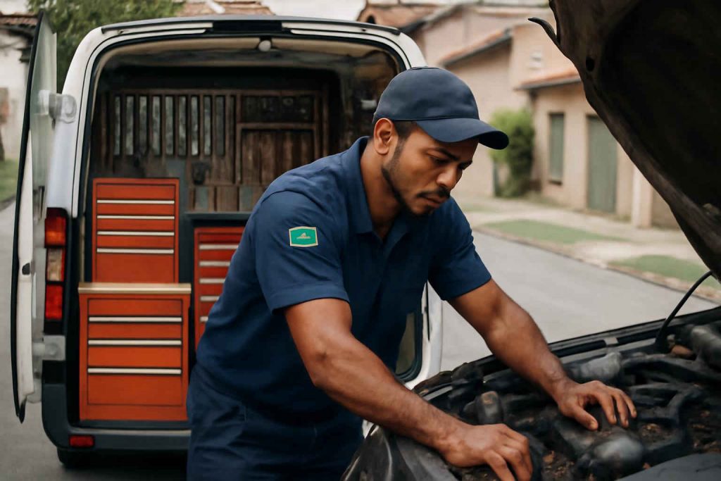 Mecânico montando oficina móvel de manutenção automotiva em uma van