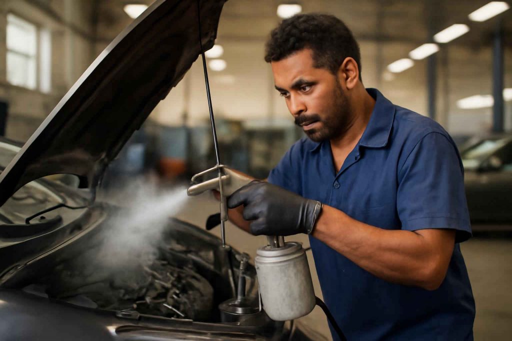 Técnico realizando descarbonização do motor a gasolina em oficina