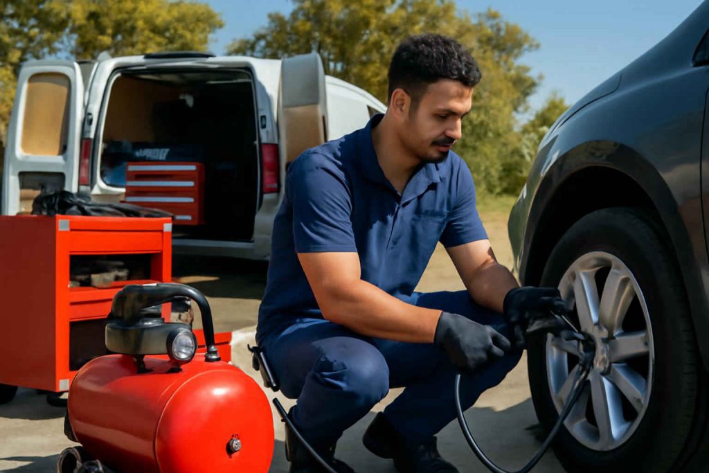 Mecânico brasileiro usando compressor de ar portátil em oficina móvel ao ar livre.