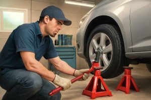 Mecânico usando macaco hidráulico de rosca para levantar carro na garagem