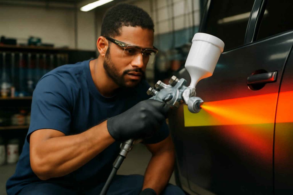 Mecânico brasileiro usando pistola de pintura automotiva HVLP em oficina