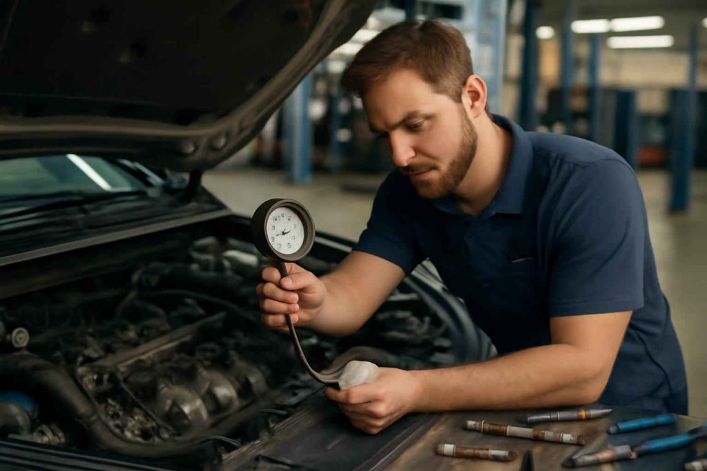 Mecânico realizando teste de compressão de cilindros em um motor de carro popular