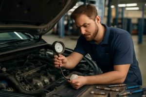Mecânico realizando teste de compressão de cilindros em um motor de carro popular