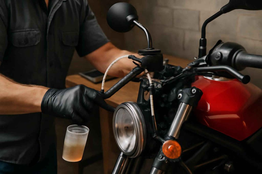 Mecânico sangrando o sistema de freio hidráulico de uma moto popular em oficina