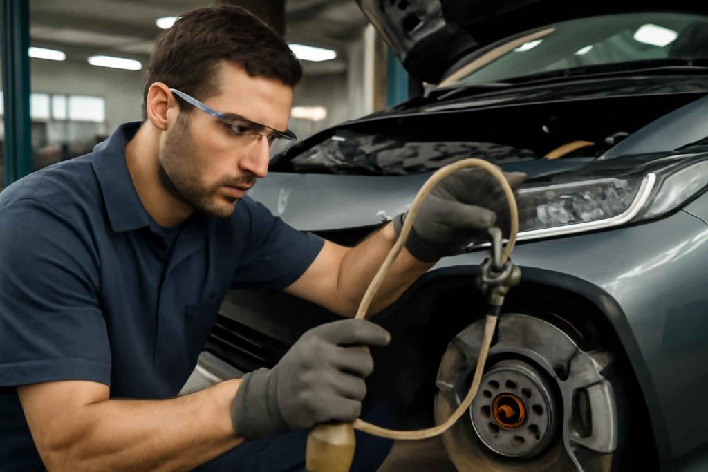 Mecânico fazendo a troca do fluido de freio em um carro híbrido em oficina.