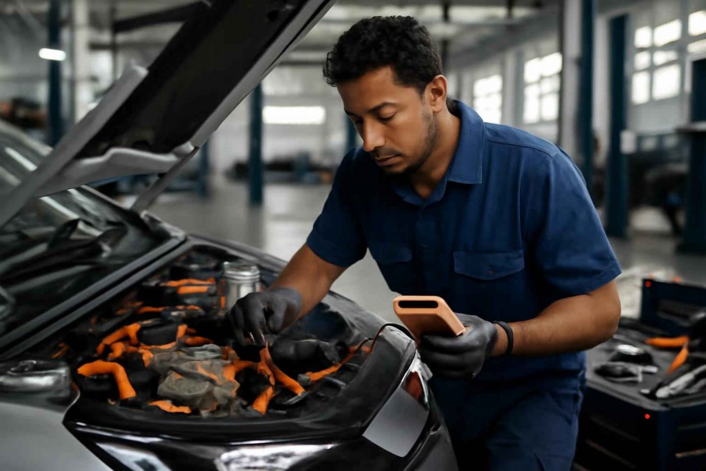 Técnico automotivo trabalhando em carro elétrico híbrido com multímetro