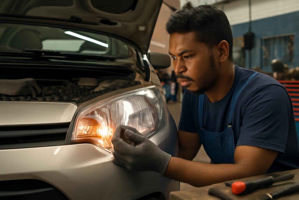 Mecânico instalando faróis de LED em um carro popular