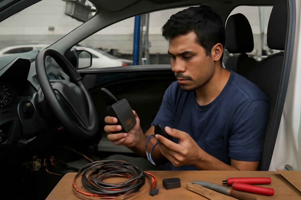 Mecânico instalando rastreador veicular com corte de ignição em carro popular