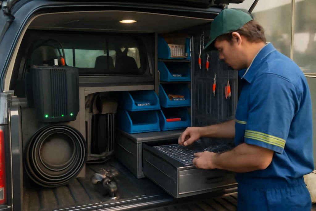 Instalação de inversor de tensão automotivo em oficina móvel