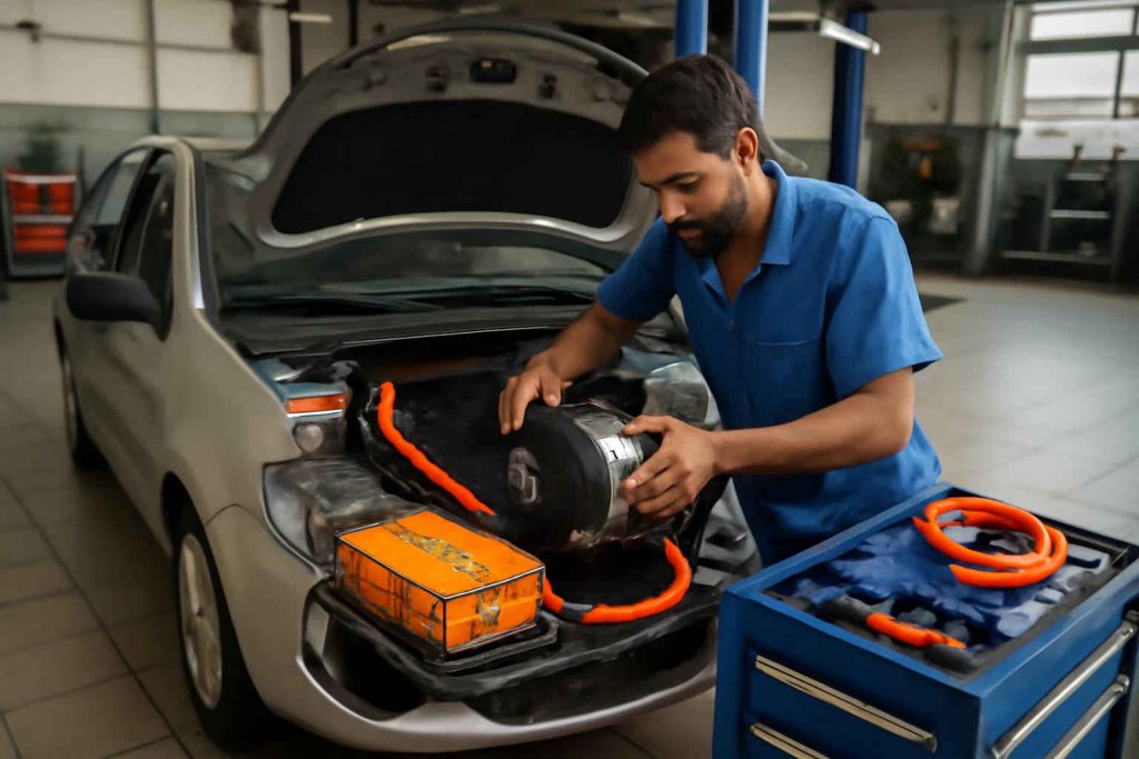 Mecânico instalando kit de conversão elétrica em carro popular