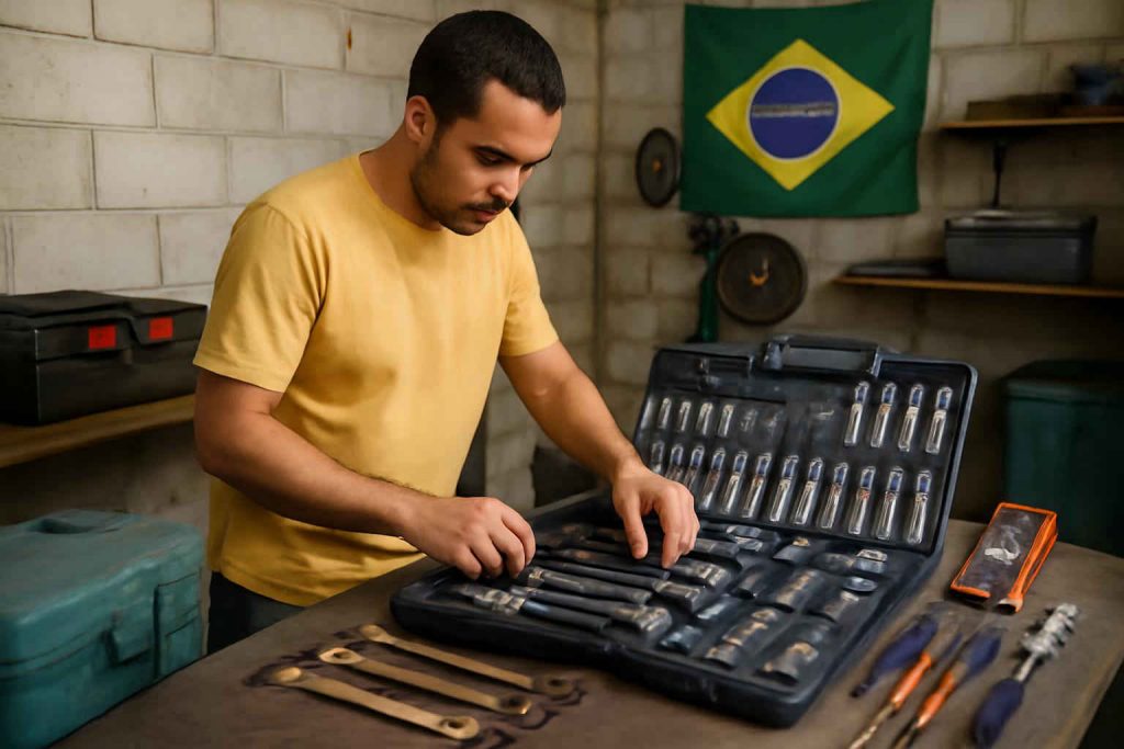 Homem organiza kit de ferramentas para manutenção automotiva em oficina caseira