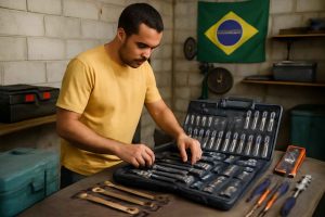 Homem organiza kit de ferramentas para manutenção automotiva em oficina caseira