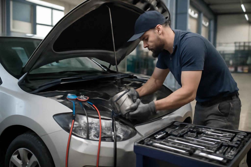 Mecânico substituindo compressor de ar-condicionado em carro popular