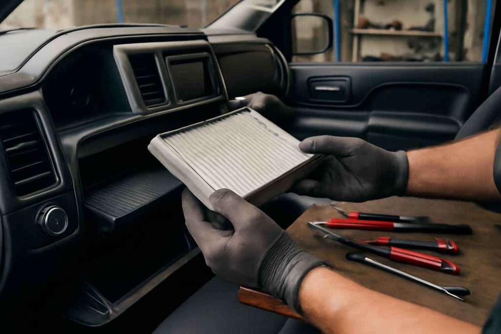 Mecânico substituindo filtro de cabine em pick-up com porta-luvas aberta