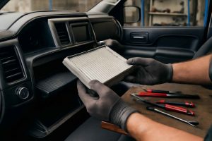 Mecânico substituindo filtro de cabine em pick-up com porta-luvas aberta