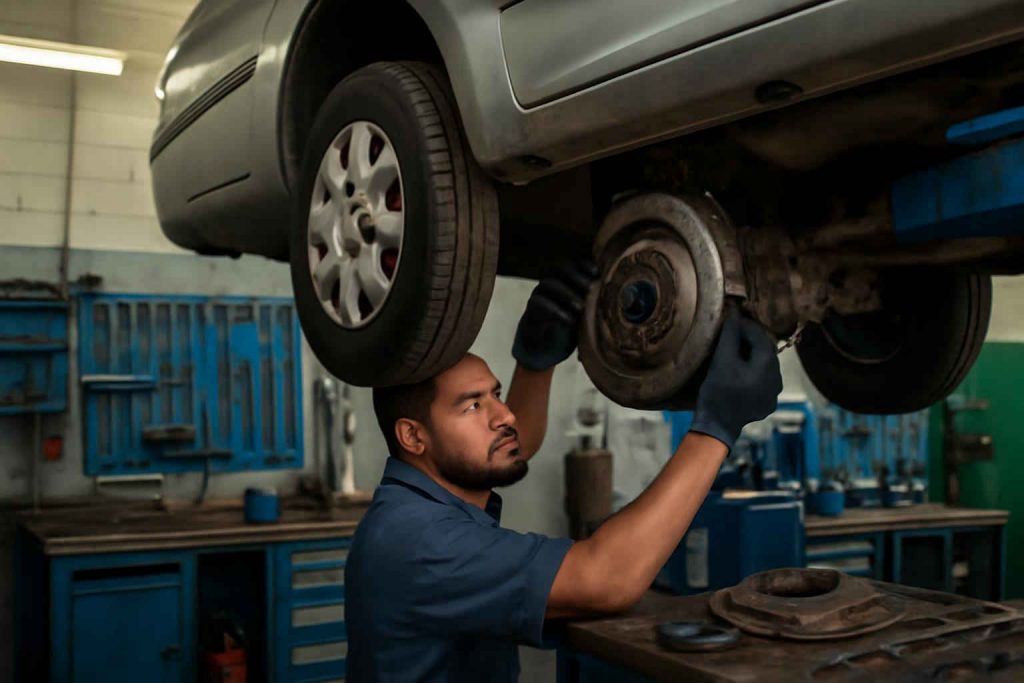 Mecânico substituindo kit de embreagem em carro popular