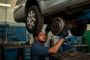 Mecânico substituindo kit de embreagem em carro popular