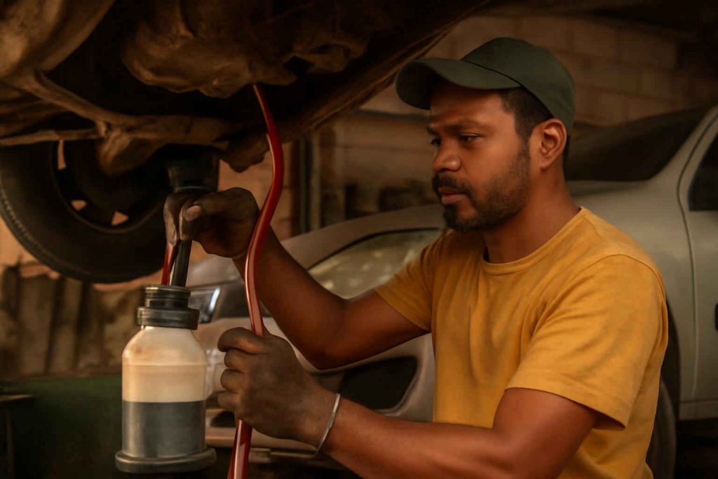 Mecânico trocando óleo do câmbio manual de um carro popular em oficina