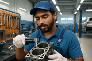 Mecânico brasileiro medindo precisão de peça de motor com paquímetro digital