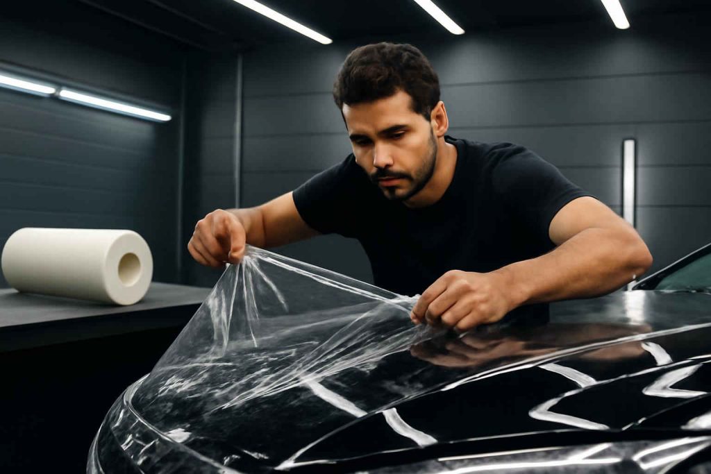 Homem aplicando filme de proteção de pintura automotivo em capô de carro em oficina