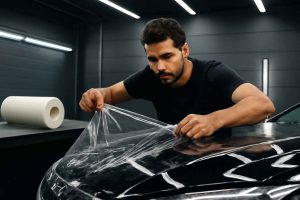 Homem aplicando filme de proteção de pintura automotivo em capô de carro em oficina
