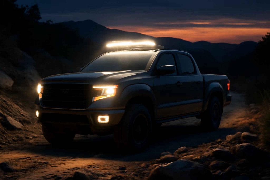 Caminhonete 4x4 off-road com barra de LED auxiliar iluminando o caminho ao entardecer