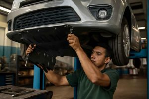 Mecânico instalando protetor de cárter em carro popular em oficina