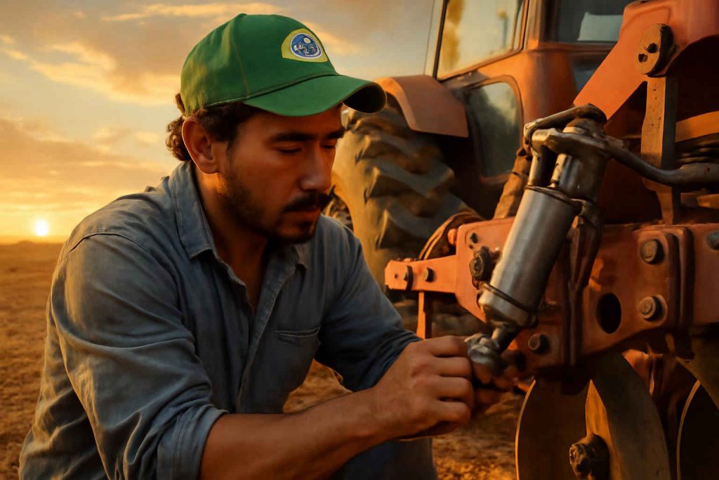 Trator agrícola com controlador de profundidade hidráulico sendo ajustado pelo agricultor