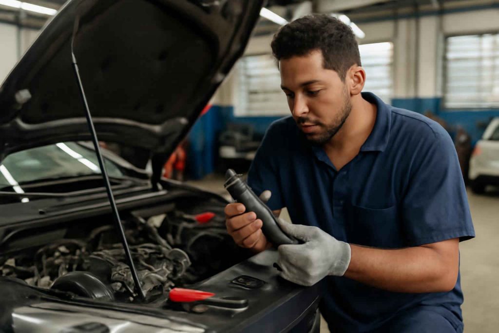 Mecânico substituindo bobina de ignição em motor de carro popular