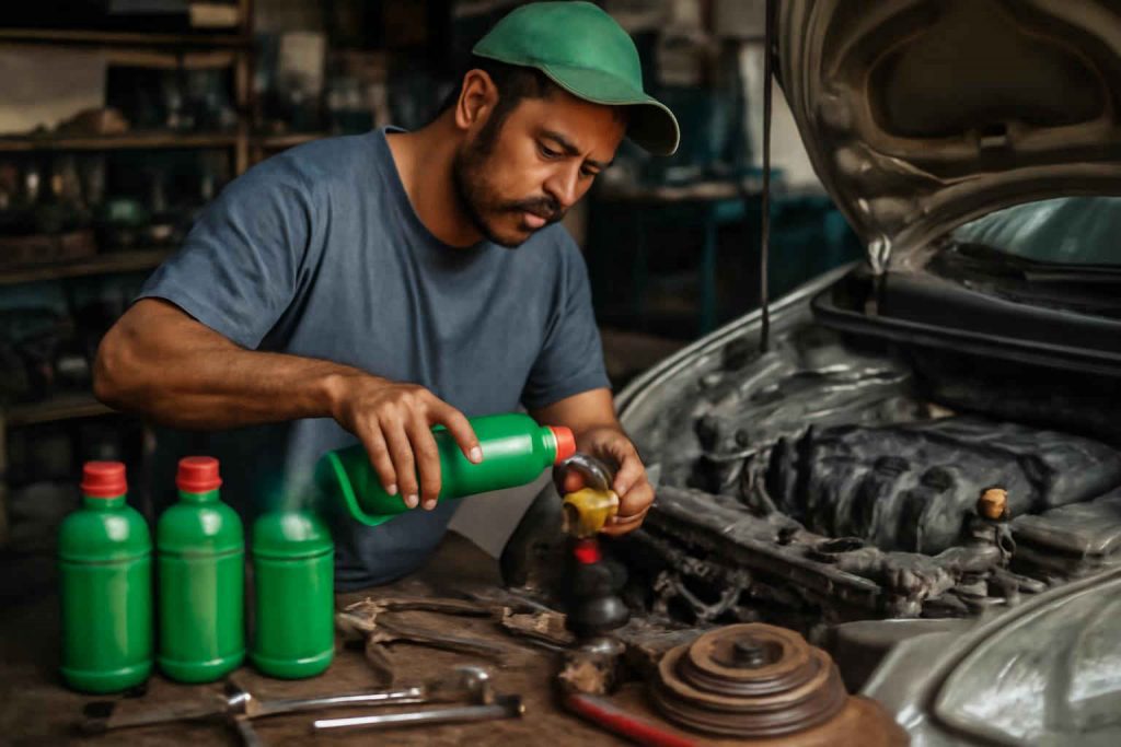 Mecânico trocando fluido da direção hidráulica em carro popular