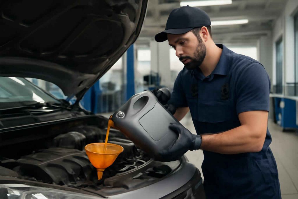 Troca de óleo sintético 5W30 em carro popular feita por mecânico em oficina
