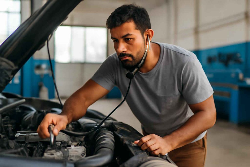 Mecânico usando estetoscópio automotivo em motor de carro