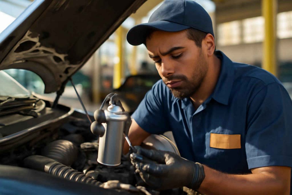 Mecânico automotivo usando spray limpador de contatos elétricos dentro do cofre do motor