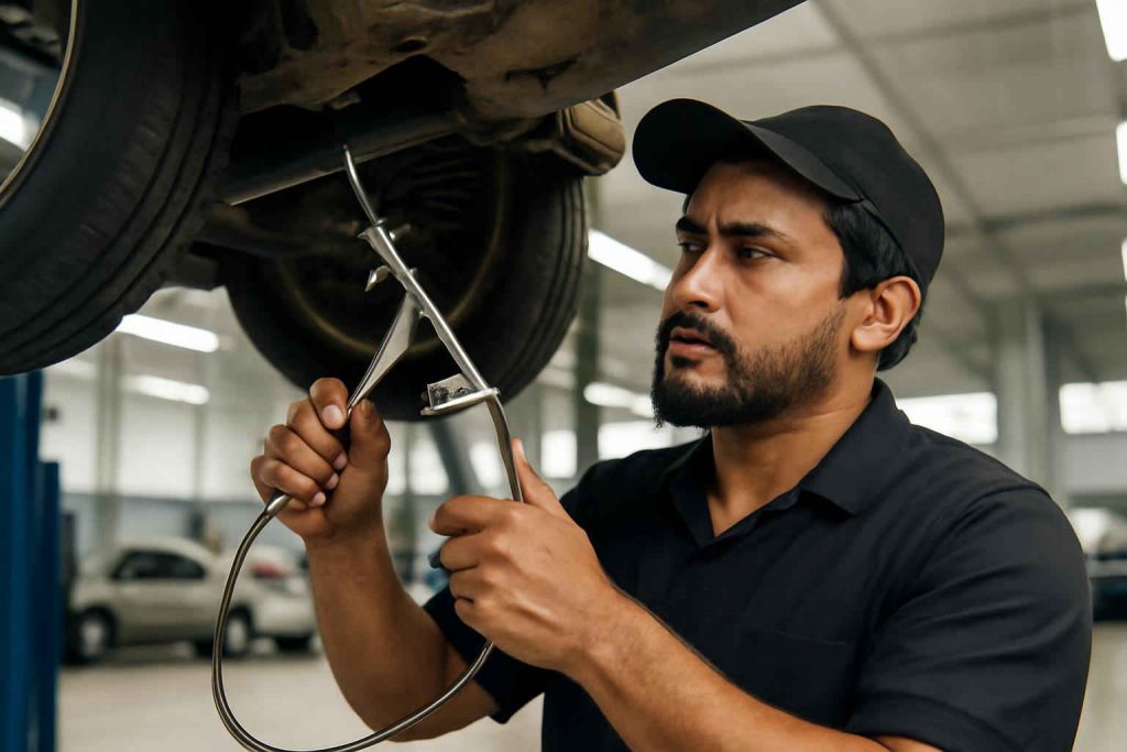 Mecânico usando uma pistola de graxa manual para lubrificar o chassis de um carro