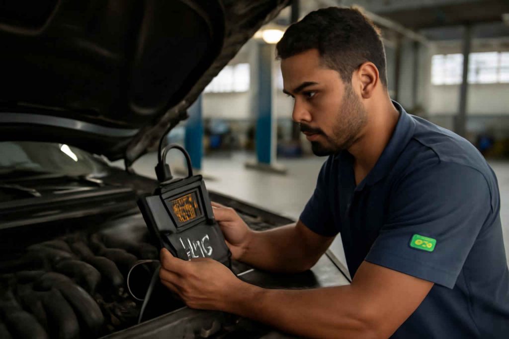 Mecânico brasileiro usando scanner OBD2 em motor de carro em oficina