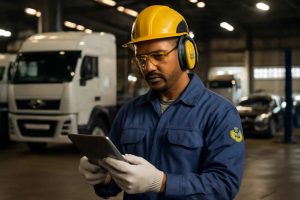 Mecânico automotivo em oficina com tablet e frota de veículos ao fundo