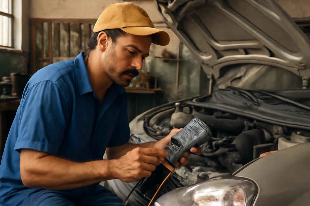 Mecânico testando alternador de carro popular com multímetro digital
