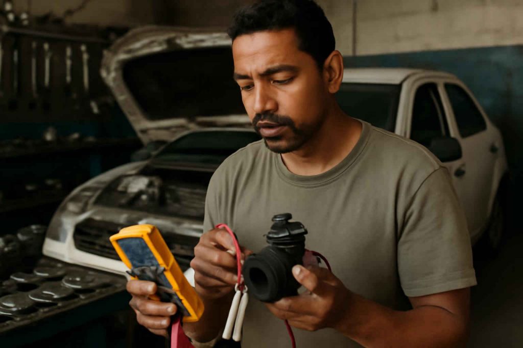 Mecânico testando sensor MAF removido de carro popular