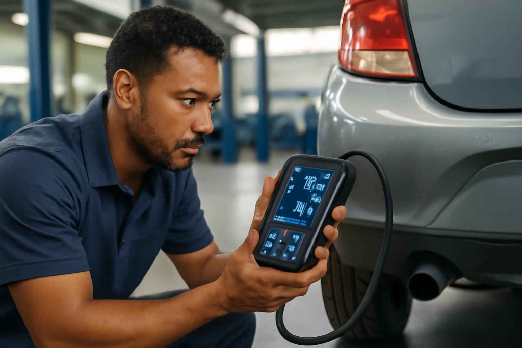 Mecânico brasileiro usando um analisador de gases portátil automotivo perto do escapamento de um carro popular em uma oficina.