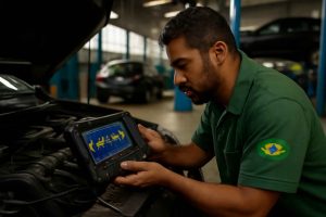 Mecânico em oficina usando osciloscópio automotivo digital para diagnóstico