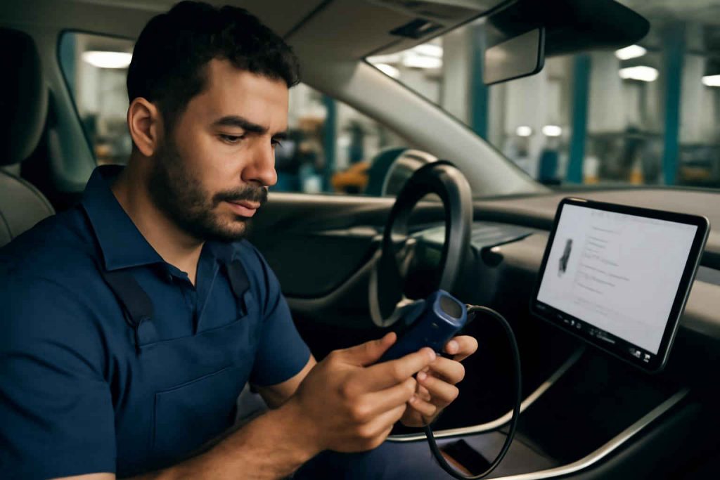 Homem brasileiro usando scanner OBD2 em carro elétrico no interior da garagem