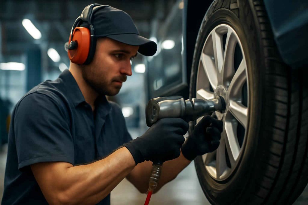 Mecânico automotivo usando chave de impacto pneumática em oficina