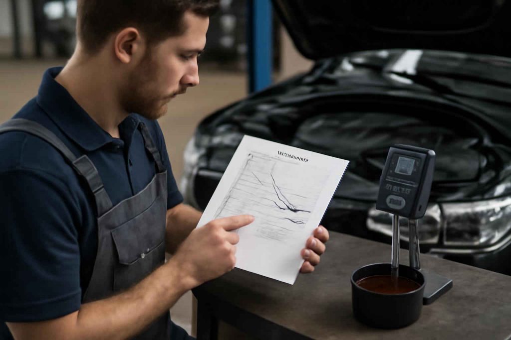 Mecânico analisando tabela de viscosidade de óleo automotivo
